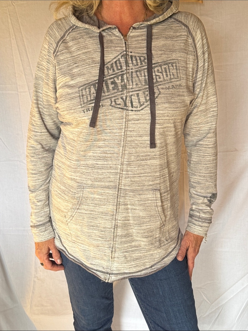 Harley-Davidson Heather Cream Zip-Up Hoodie with Dark Drawstrings